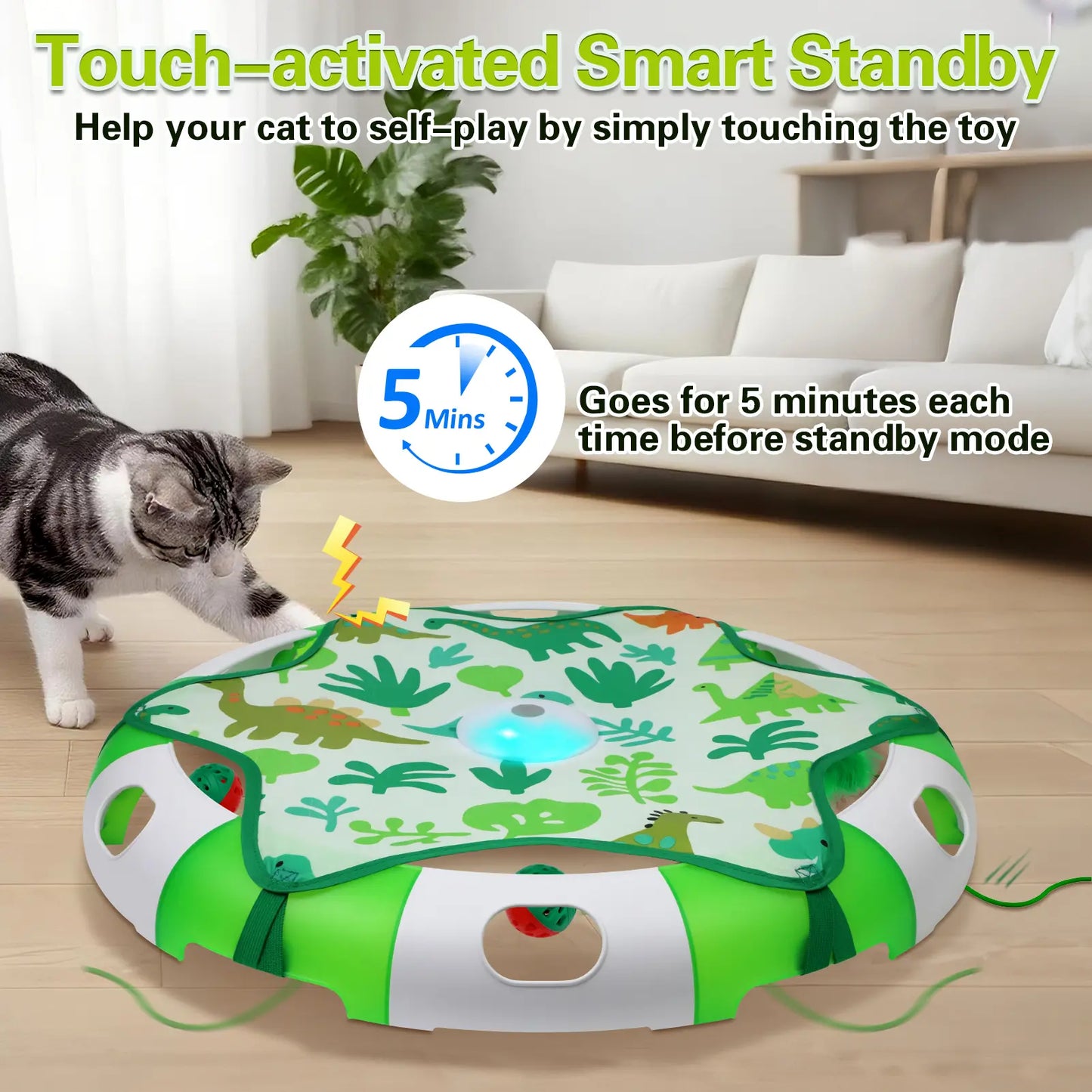 BENTOPAL Automatic Interactive Cat Toy with Moving Feather & Chirping Sound | Motion Activated Track Toy for Indoor Cats, USB Rechargeable, Bonus 2 Cat Bell Balls