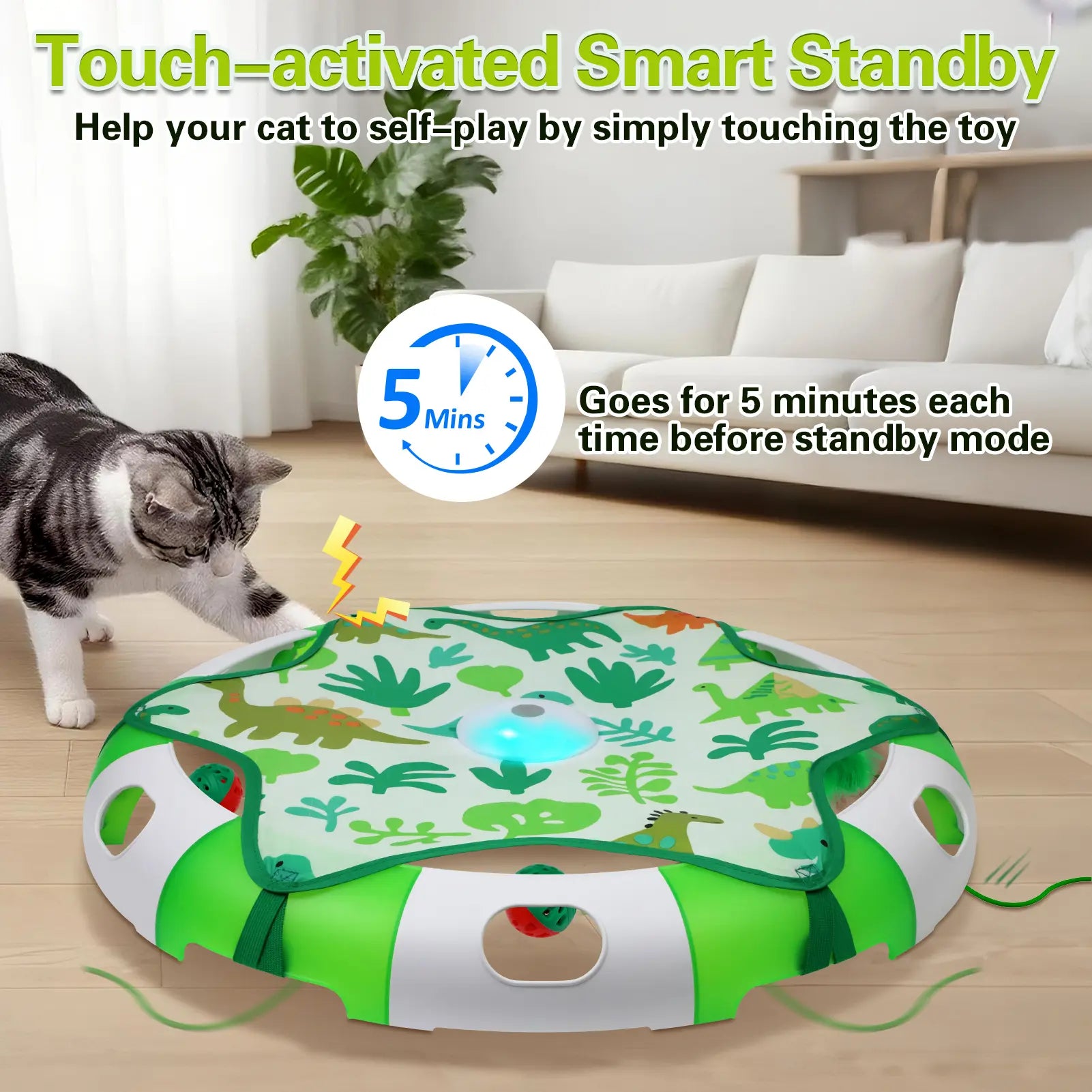 BENTOPAL Automatic Interactive Cat Toy with Moving Feather & Chirping Sound | Motion Activated Track Toy for Indoor Cats, USB Rechargeable, Bonus 2 Cat Bell Balls