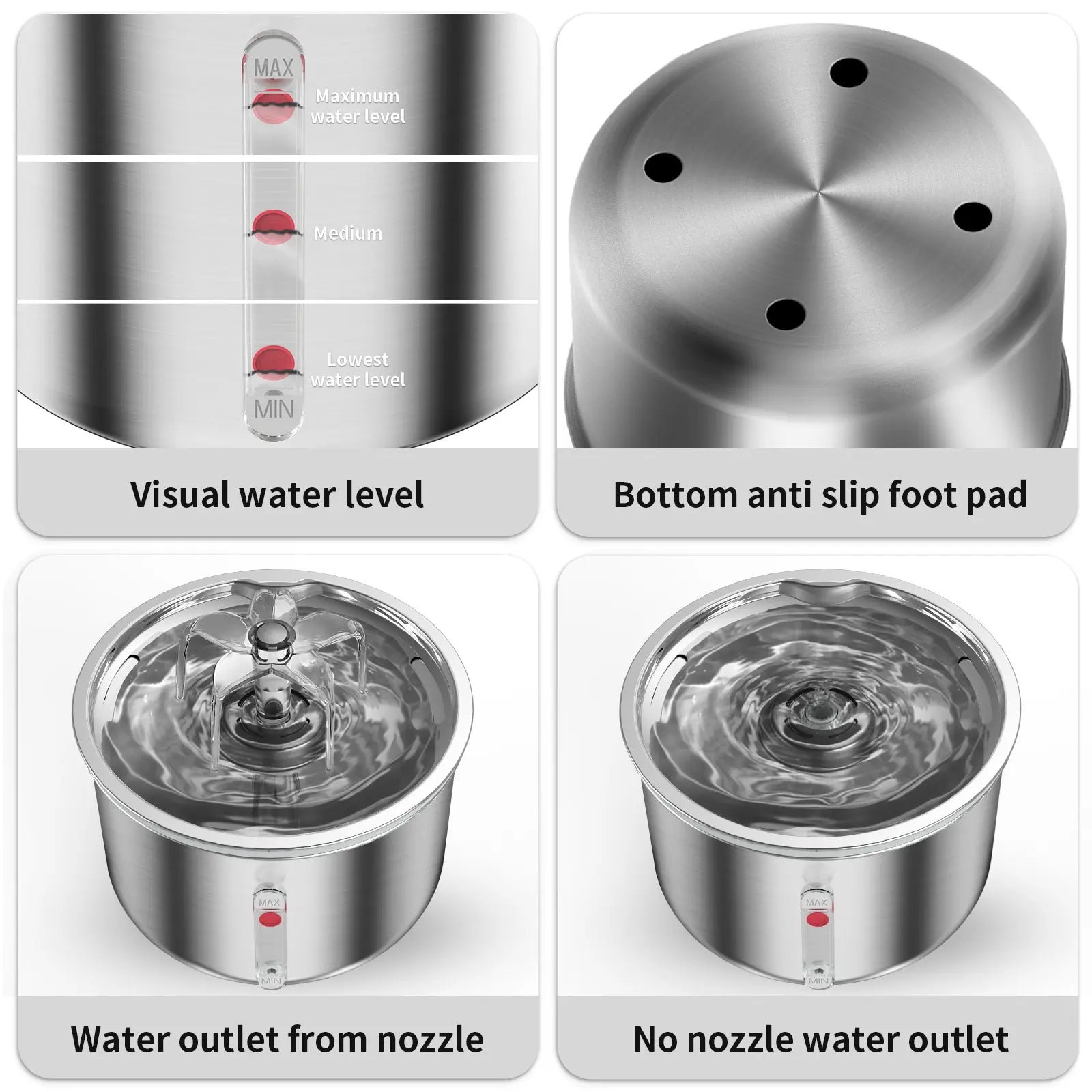Ptlom Ultra-Quiet Pet Water Fountain with Safesip Pump, 2L Capacity, Dishwasher Safe Stainless Steel, BPA-Free