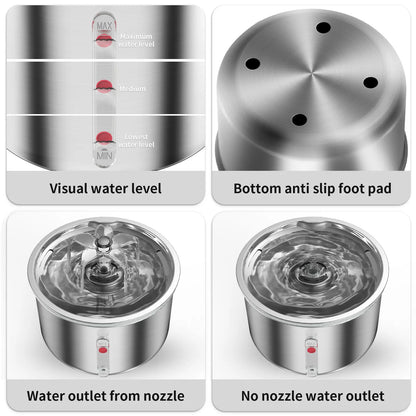 Ptlom Ultra-Quiet Pet Water Fountain with Safesip Pump, 2L Capacity, Dishwasher Safe Stainless Steel, BPA-Free