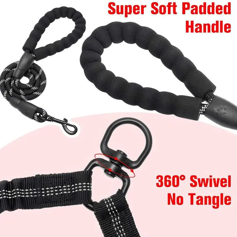 Kigifuture Dual Dog Leash with 360-Degree Swivel, Tangle-Free Design, and Shock Absorbing Bungee for Walking Two Dogs