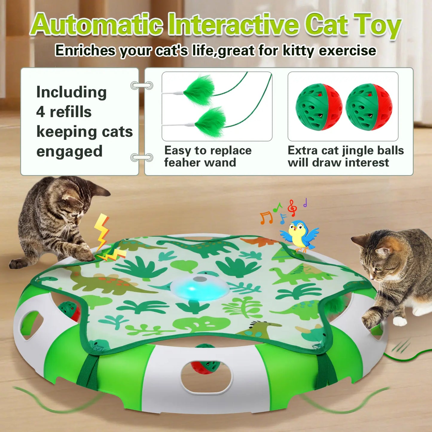 BENTOPAL Automatic Interactive Cat Toy with Moving Feather & Chirping Sound | Motion Activated Track Toy for Indoor Cats, USB Rechargeable, Bonus 2 Cat Bell Balls