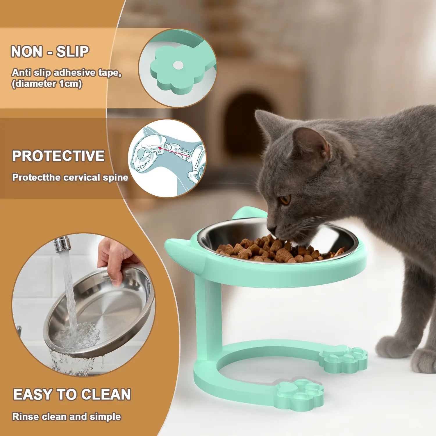 Elevated Tilted Cat Bowl, 316 Stainless Steel Raised Feeder with Anti-Slip Paw Stand, Catbowl, Whisker Friendly Neck Protection Pet Food Dish, Easy Clean Portable Kitten Feeding Bowl for Senior Cats & Small Puppies