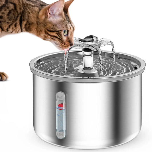 Ptlom Ultra-Quiet Pet Water Fountain with Safesip Pump, 2L Capacity, Dishwasher Safe Stainless Steel, BPA-Free