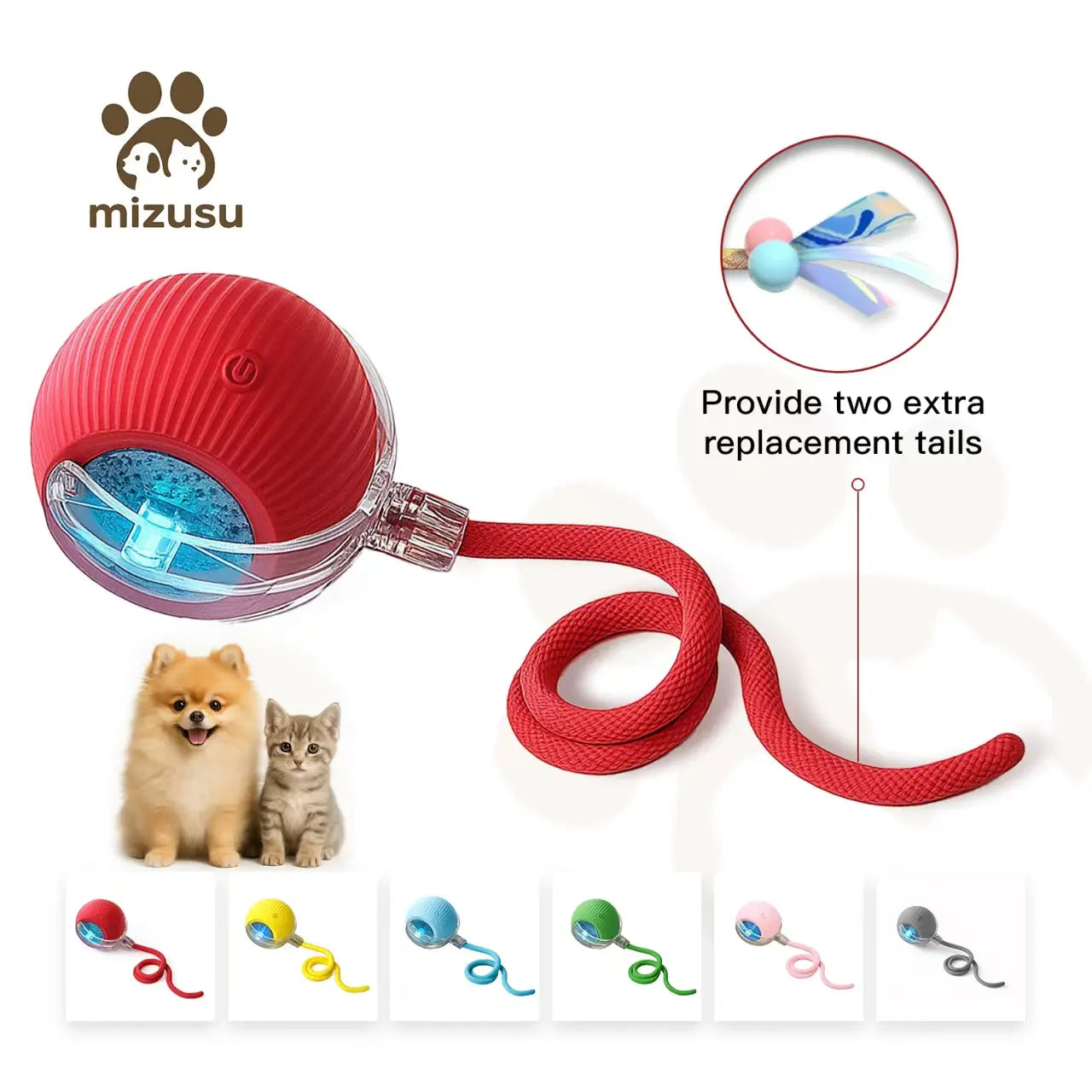 Mizusu Interactive Teaser Toy for Cats and Dogs with Two Extra Tails - Rolling Ball Pet Toy and Accessories