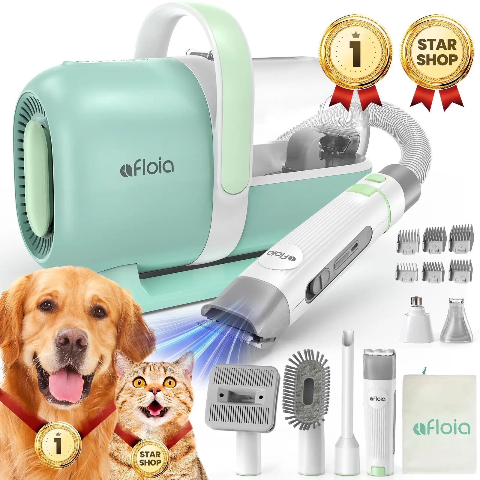 Afloia Professional Dog Grooming Kit: Vacuum Grooming Tools, Low Noise Dog Clippers, and Shedding Brush for Pet Lovers