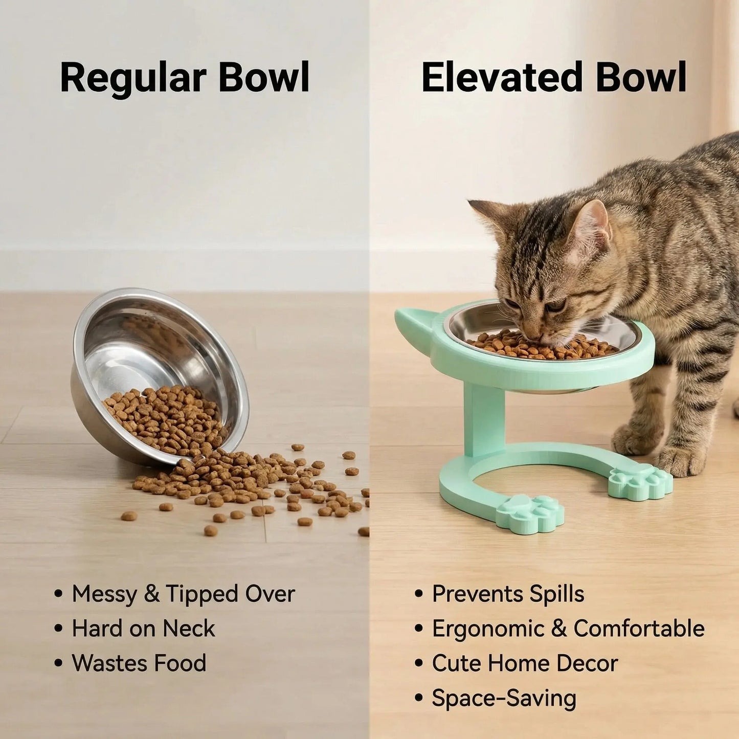 Elevated Tilted Cat Bowl, 316 Stainless Steel Raised Feeder with Anti-Slip Paw Stand, Catbowl, Whisker Friendly Neck Protection Pet Food Dish, Easy Clean Portable Kitten Feeding Bowl for Senior Cats & Small Puppies
