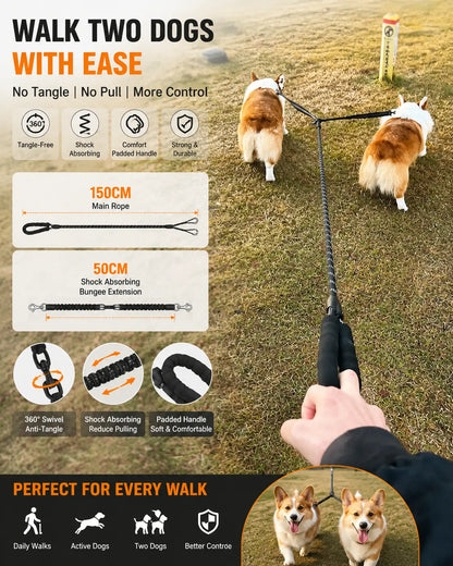 Kigifuture Dual Dog Leash with 360-Degree Swivel, Tangle-Free Design, and Shock Absorbing Bungee for Walking Two Dogs