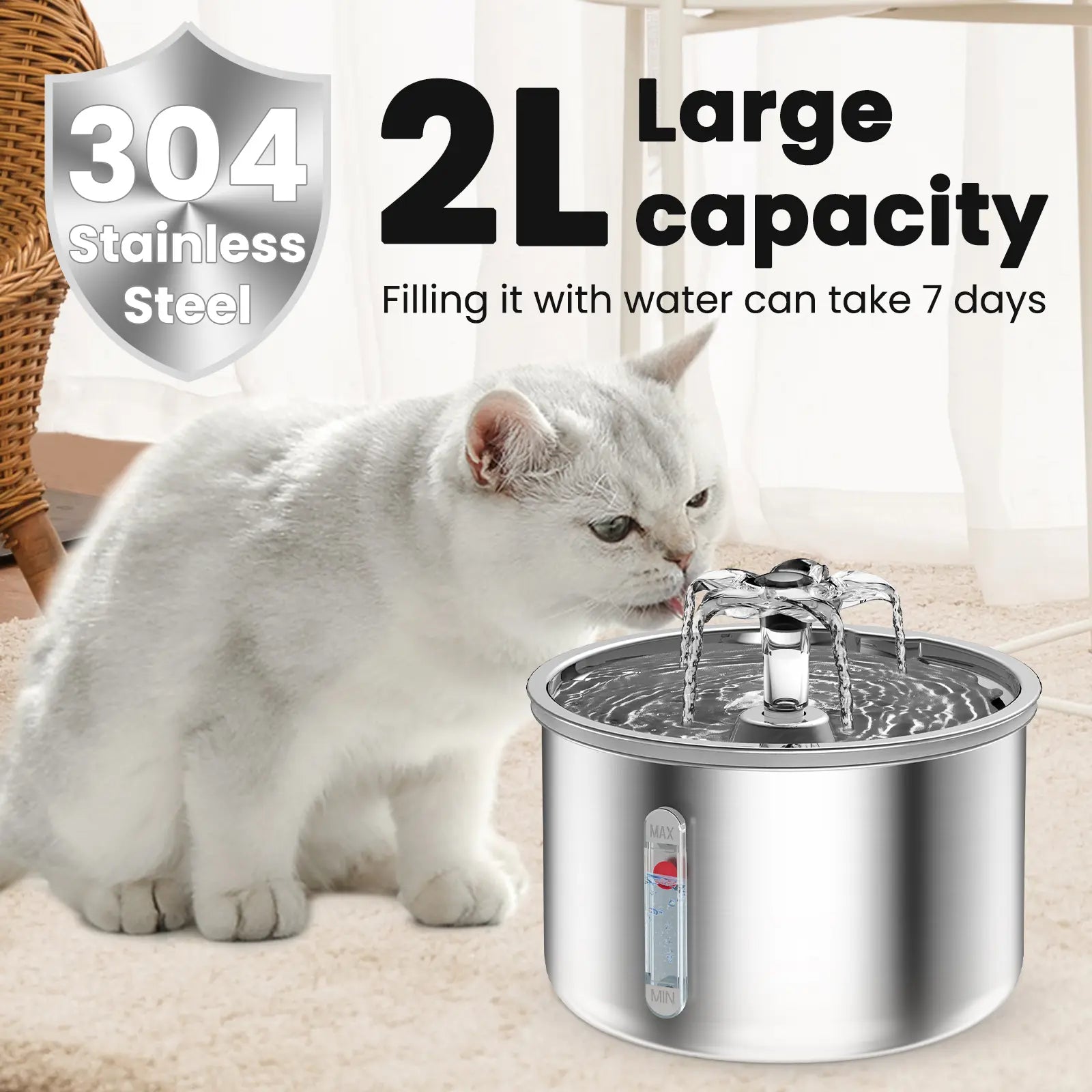 Ptlom Ultra-Quiet Pet Water Fountain with Safesip Pump, 2L Capacity, Dishwasher Safe Stainless Steel, BPA-Free