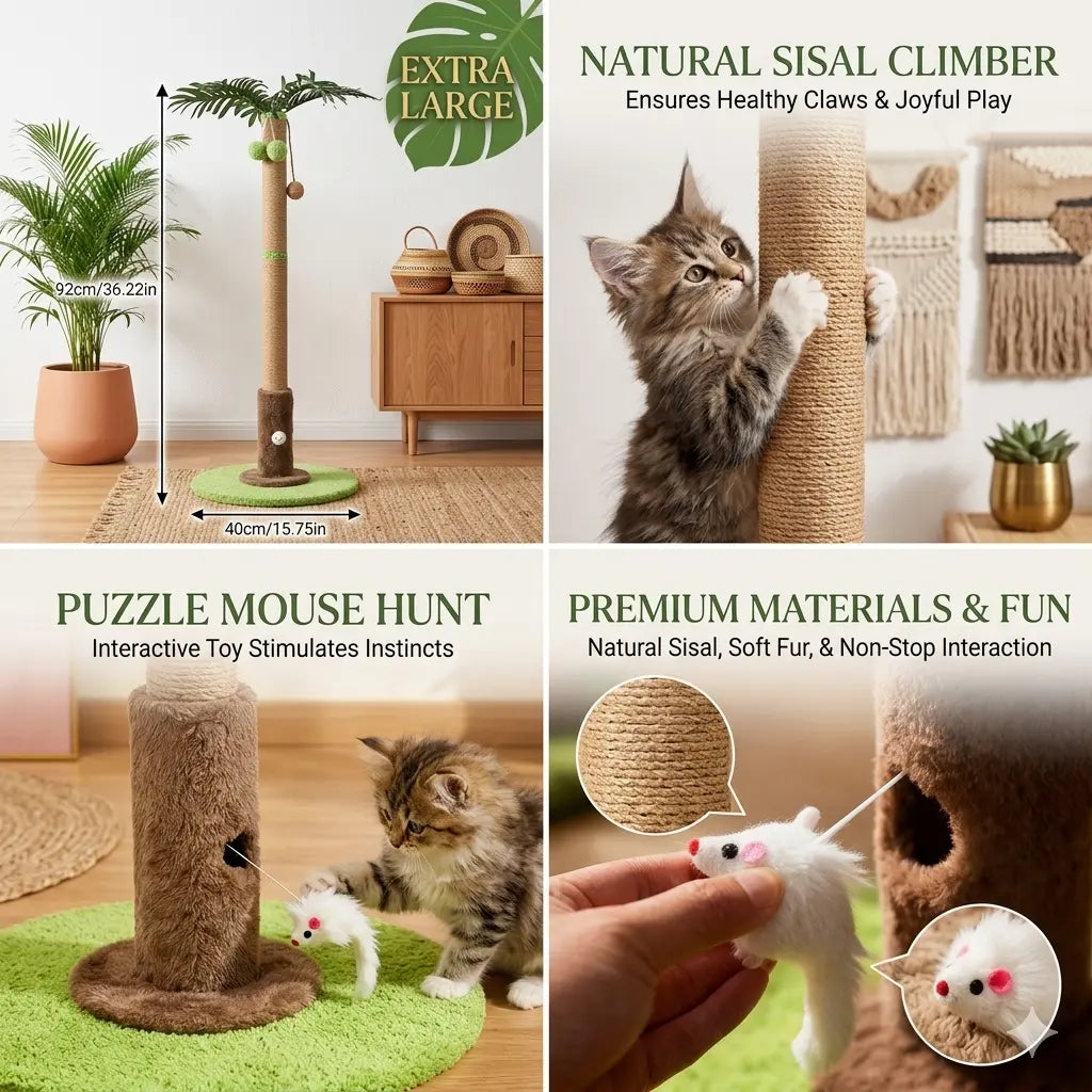 Tree-Shaped Cat Scratching Post 36.22" Palm Tree Cat Tree Tower with Interactive Hanging Toys, Heavy Duty Sisal Multi-Level Cat Climber for Indoor Cats & Kittens, Space-Saving Small Cat Condo Furniture