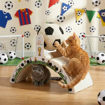 Durable Cat Scratching Post with Soccer Ball - Upgraded Hardened Corrugated Cardboard Arch Bridge - Soccer-Themed Indoor Cat Furniture