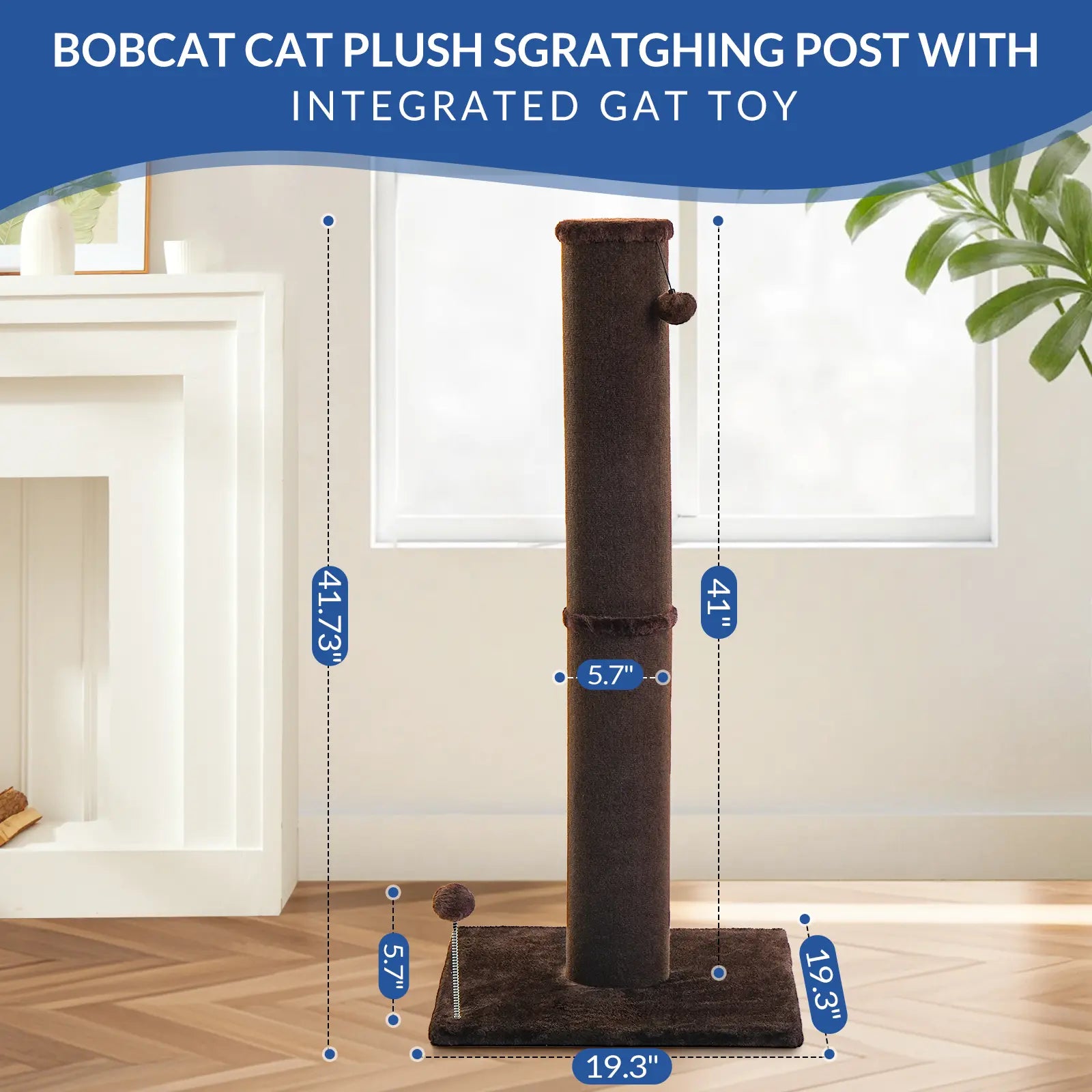 MADE 4 PETS 41-Inch Tall Gray Vertical Scratcher for Indoor Cats, Large Sisal Post with Replaceable Toys, Sturdy Base, Solid Construction & Space-Saving Design