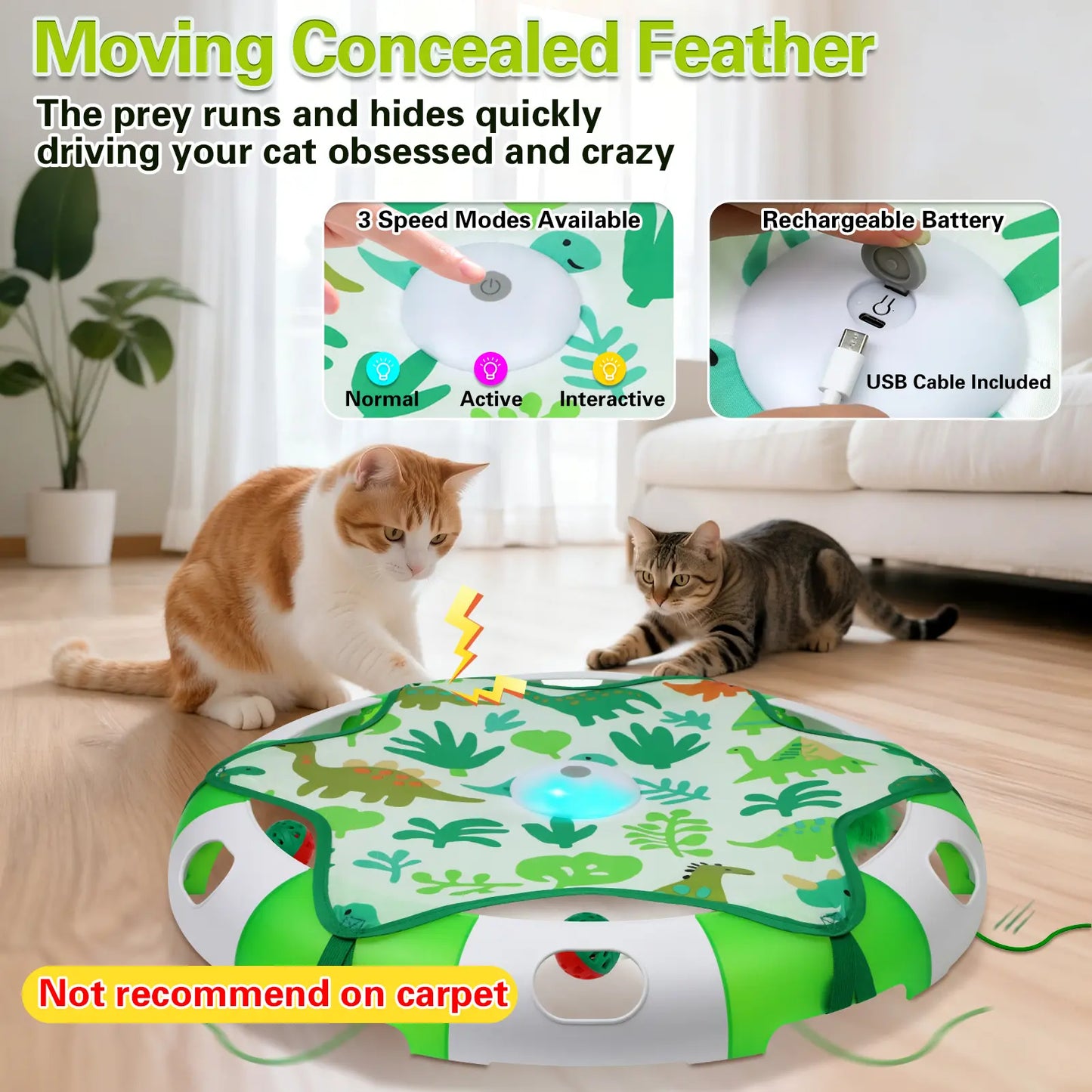 BENTOPAL Automatic Interactive Cat Toy with Moving Feather & Chirping Sound | Motion Activated Track Toy for Indoor Cats, USB Rechargeable, Bonus 2 Cat Bell Balls