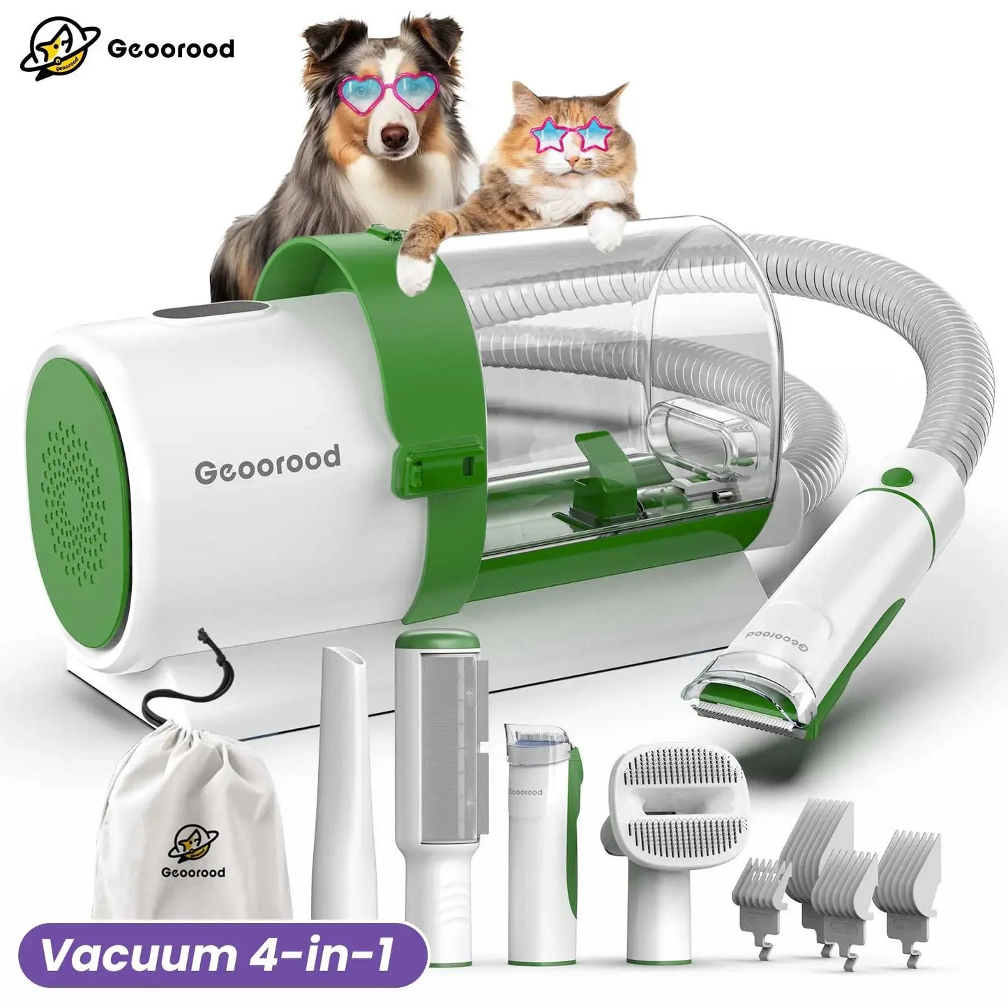 Geoorood All-In-One Dog Grooming Kit with Vacuum Brush - 2.5L Capacity, Stainless Steel Blades, Lightweight Design, 13Kpa Suction Force, Portable Cleaning Solution