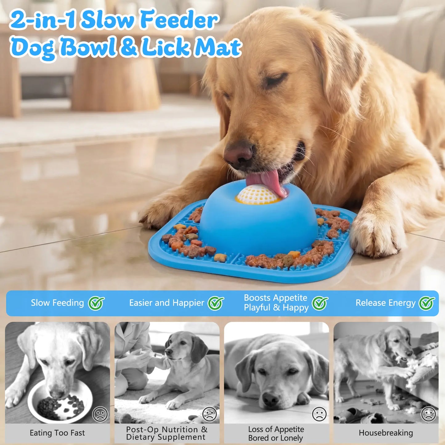 Slow Feeder Dog Bowls & Lick Mat for Liquid and Thick Treat, Anti-Slip Dog Lick Bowl with Interactive Rolling Ball