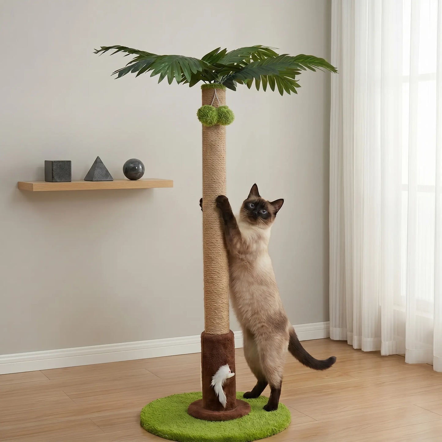 Tree-Shaped Cat Scratching Post 36.22" Palm Tree Cat Tree Tower with Interactive Hanging Toys, Heavy Duty Sisal Multi-Level Cat Climber for Indoor Cats & Kittens, Space-Saving Small Cat Condo Furniture