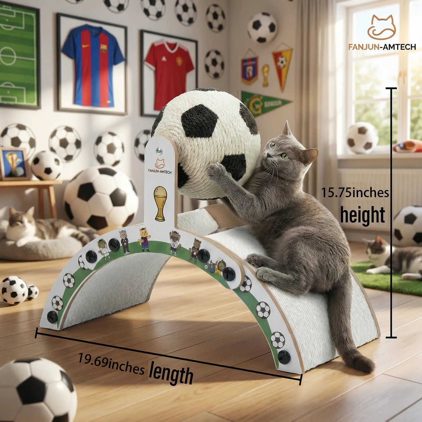 Durable Cat Scratching Post with Soccer Ball - Upgraded Hardened Corrugated Cardboard Arch Bridge - Soccer-Themed Indoor Cat Furniture