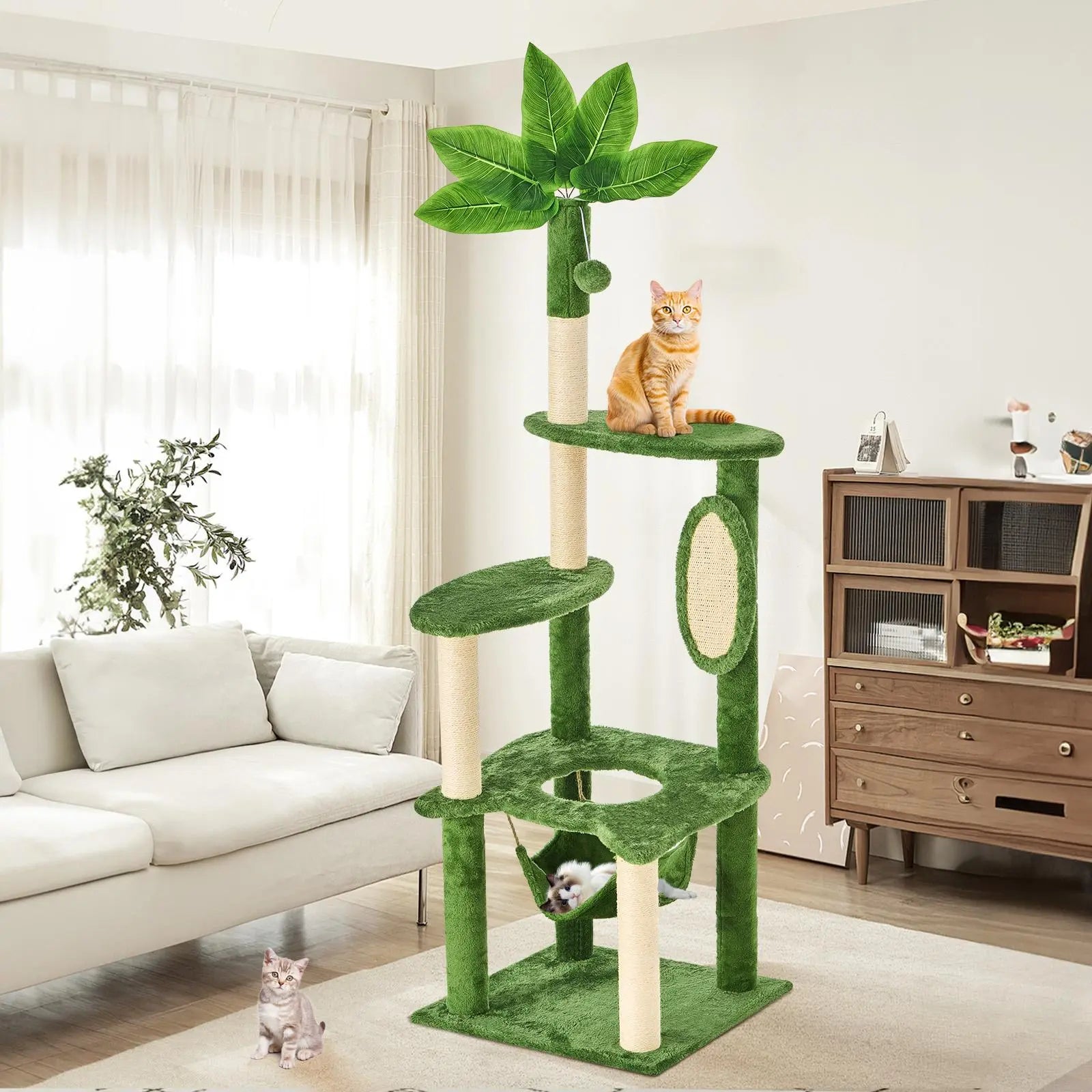 Ultimate!! Cat Tree / Tower for Indoor with Green Leaves, Cat Condo Cozy Plush House with Hang Ball, Pet Furniture with Scratching Posts 