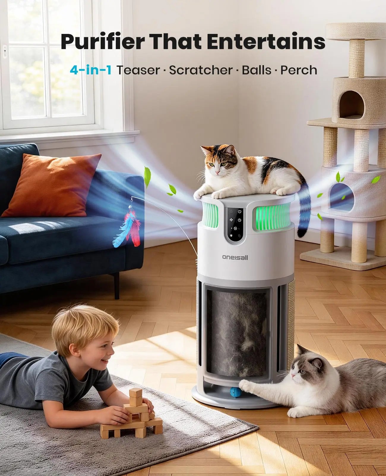 Air Purifier for Homes with Pets, 3-In-1 Washable HEPA Filter, Dual-Sided Filter with Activated Carbon, Pet-Friendly Design – Pet Lock, Allergen Relief & Odor Removal 