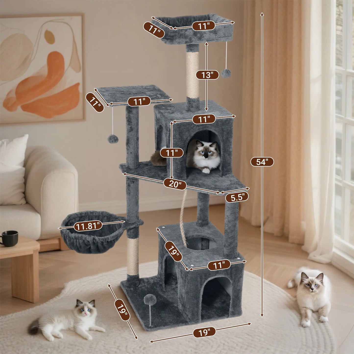Ultimate!! Cat Tree / Tower for Indoor with Green Leaves, Cat Condo Cozy Plush House with Hang Ball, Pet Furniture with Scratching Posts 