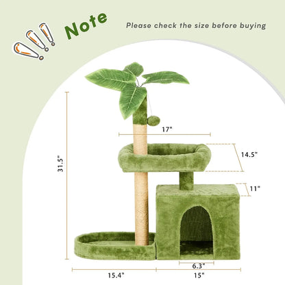 Ultimate!! Cat Tree / Tower for Indoor with Green Leaves, Cat Condo Cozy Plush House with Hang Ball, Pet Furniture with Scratching Posts 