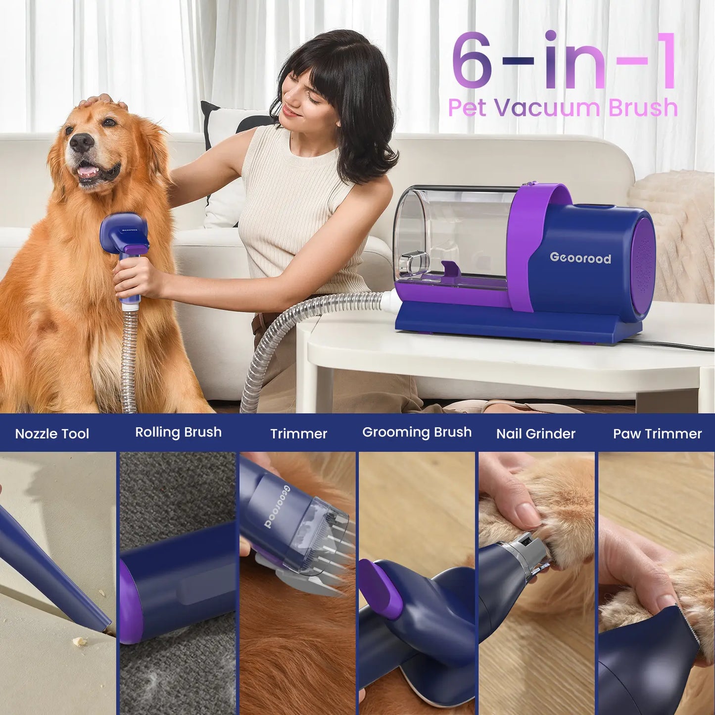 Geoorood All-In-One Dog Grooming Kit with Vacuum Brush - 2.5L Capacity, Stainless Steel Blades, Lightweight Design, 13Kpa Suction Force, Portable Cleaning Solution