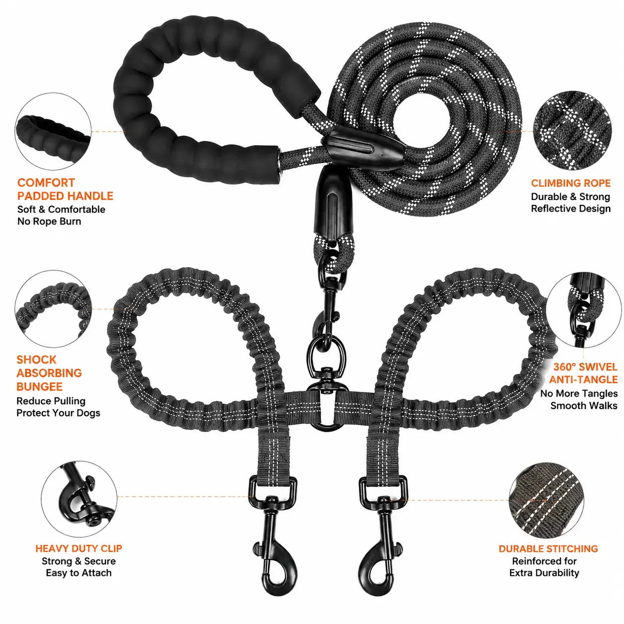Kigifuture Dual Dog Leash with 360-Degree Swivel, Tangle-Free Design, and Shock Absorbing Bungee for Walking Two Dogs