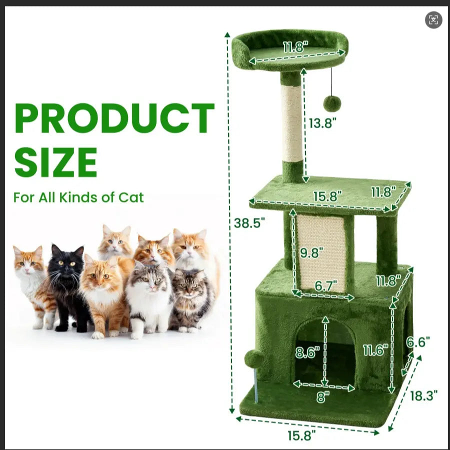 Ultimate!! Cat Tree / Tower for Indoor with Green Leaves, Cat Condo Cozy Plush House with Hang Ball, Pet Furniture with Scratching Posts 