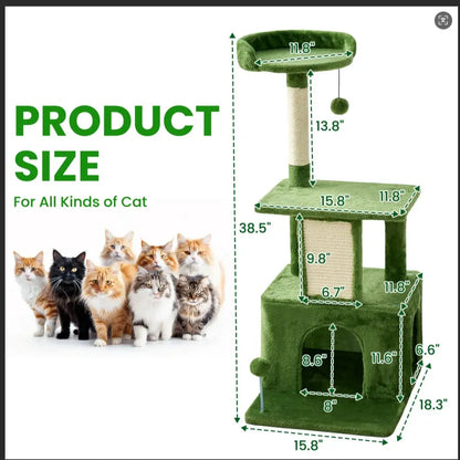 Ultimate!! Cat Tree / Tower for Indoor with Green Leaves, Cat Condo Cozy Plush House with Hang Ball, Pet Furniture with Scratching Posts 